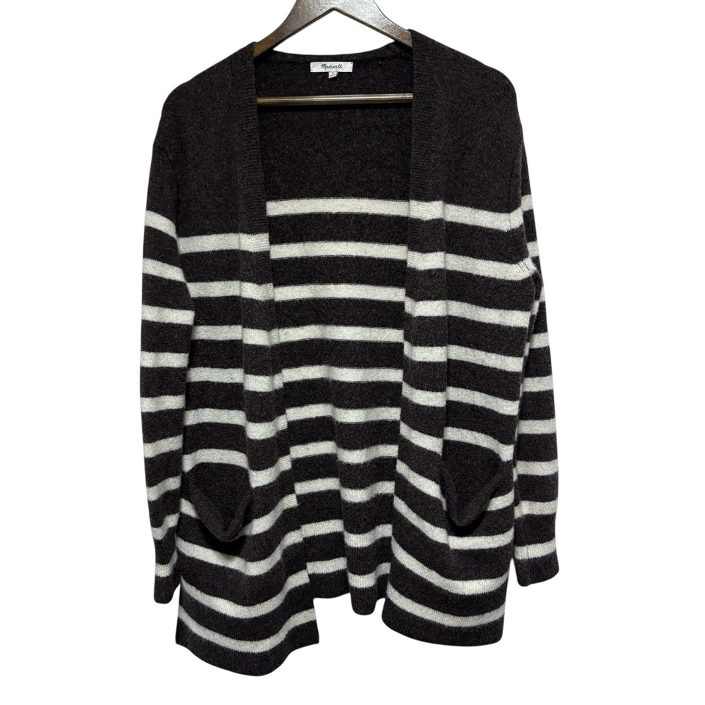 Madewell Cardigan Women S Brown Stripe Open Front Soft Wool Alpaca Blend Stretch